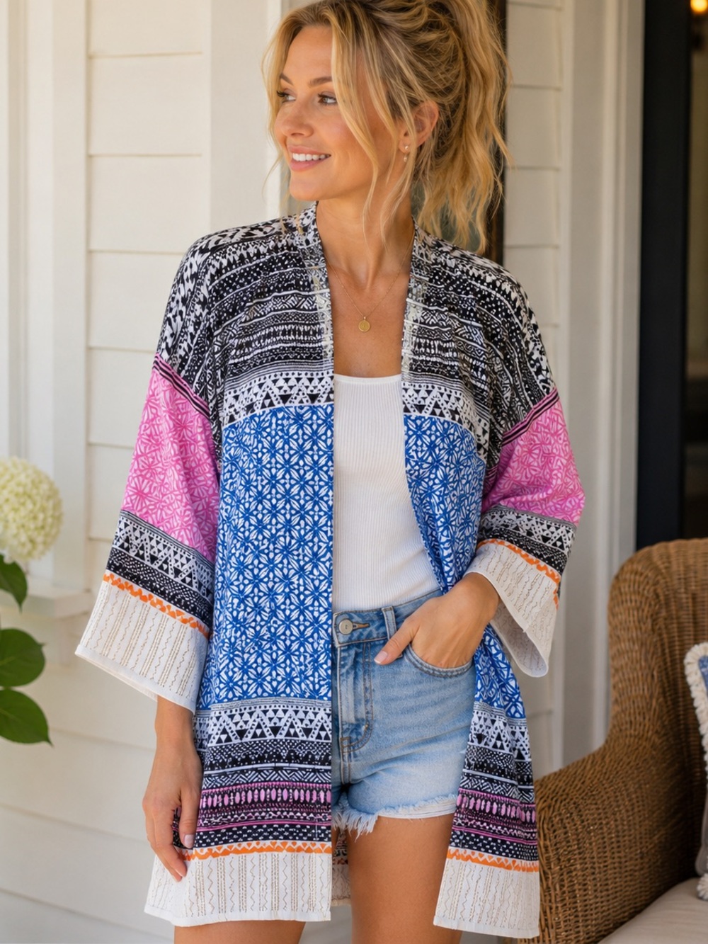 H&M L.O.G.G 100% Cotton Boho Kimono Cardigan  M Blue Pink Tribal Festival Duster